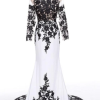 Elegant Long Sleeves Mermaid White Black Lace Appliques Satin Prom Dresses - Thumbnail 2