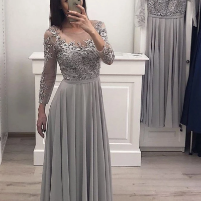 A line long sleeve gray chiffon long prom dresses with lace appliques 