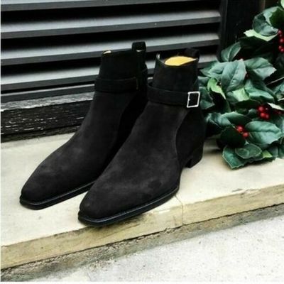 Handmade men's black jodhpur monk strap high ankle dress boots, real suede boots - Thumbnail 3
