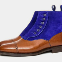 Handmade Brown Blue Leather Suede Decent Unique Oxford Cap Toe Button Ankle Boot For Gentlemen - Thumbnail 1