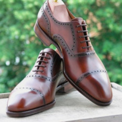 Unique handmade oxford office brown leather cap toe lace up shoes for men  - Thumbnail 2