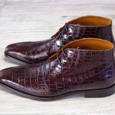 Handmade men's lace up crocodile texture ankle dress boots, real leather boots - Thumbnail 3