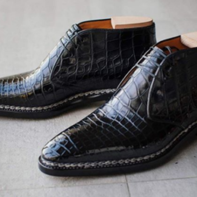 Handmade men's chukka lace up round toe dress crocodile texture leather boots - Thumbnail 4