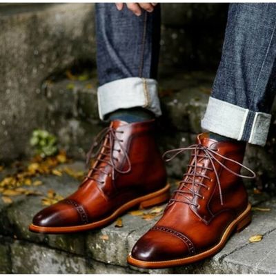 Handmade men's brown brogue lace up ankle boots, real leather dress boots - Thumbnail 5