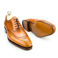 Unique Men Handmade Party Wear Tan Leather Brogue Lace Up Shoes  - Thumbnail 1