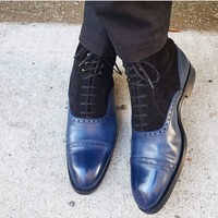 Handmade Mens Navy Blue Lace up Ankle Boots, Blue Dress Boot for Mens - Thumbnail 1