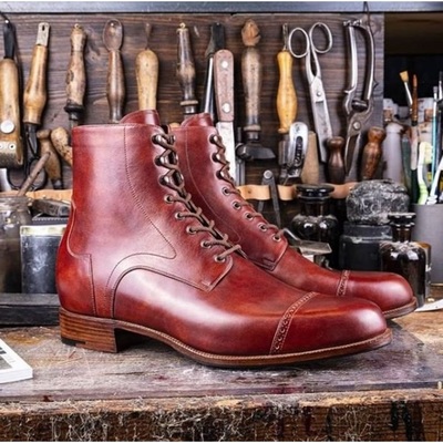 Handmade men red brogue chukka lace up high ankle dress boots, real leather - Thumbnail 3
