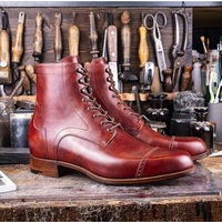 Handmade Men Red Brogue Chukka Lace up High Ankle Dress Boots, Real Leather - Thumbnail 4