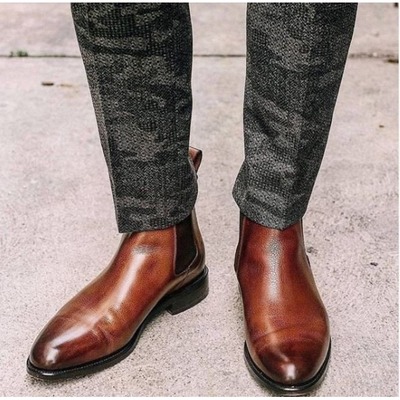 Handmade men brown chelsea round toe dress boots, real leather office boots - Thumbnail 2
