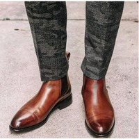 Handmade Men Brown Chelsea Round Toe Dress Boots, Real Leather Office Boots - Thumbnail 4
