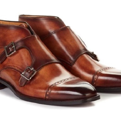 Handmade men brown monk strap round toe dress boots, real leather - Thumbnail 4