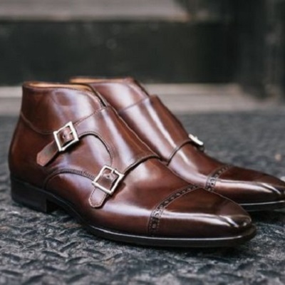 Handmade men brown double monk strap round toe dress boots, real leather - Thumbnail 5