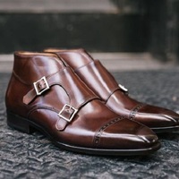 Handmade Men Brown Double Monk Strap Round Toe Dress Boots, Real Leather - Thumbnail 1