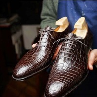 Handmade Men Maroon Lace up Round Toe Crocodile Texture Leather Dress Shoes - Thumbnail 4