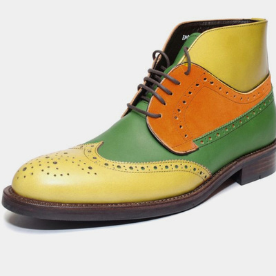 New handmade men's ankle high yellow contrast wing tip lace up boot in genuine leather 