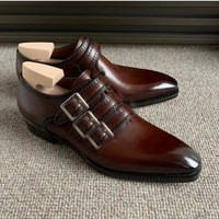 Unique Handmade Customize Dark Brown Triple Buckle Party Wear Shoes In Genuine Leather For Men - Thumbnail 1