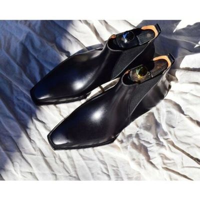 Handmade men's black chelsea square toe ankle dress boots, real leather boots - Thumbnail 2