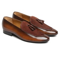 Tassel Loafer Slip On Men's Shoes Brown Suede Leather Apron Toe Premium Quality - Thumbnail 1
