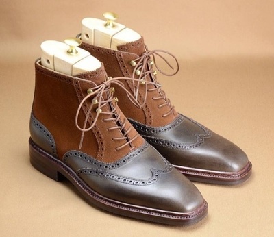 Men's Boots Two Tone Brown Suede Leather Derby Toe Premium Quality High Ankle