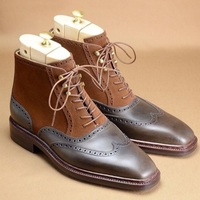 Men's Boots Two Tone Brown Suede Leather Derby Toe Premium Quality High Ankle - Thumbnail 1