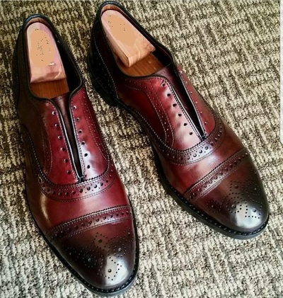 Men's Oxford Maroon Red Burnished Brogue Cap Toe Black Sole Leather Lace up Shoes