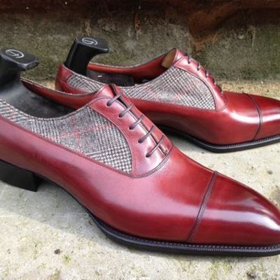 Two tone maroon red cont tweed burnished cap toe black sole leather lace up shoes