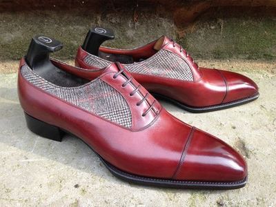 Two Tone Maroon Red Cont Tweed Burnished Cap Toe Black Sole Leather Lace up Shoes