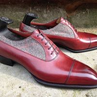 Two Tone Maroon Red Cont Tweed Burnished Cap Toe Black Sole Leather Lace up Shoes - Thumbnail 4