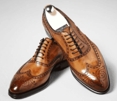 Oxford Shiny Brown Full Brogue Burnished Toe Wing Tip Real Leather Lace up Shoes