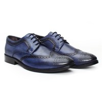 Men's Blue Oxford Burnished Brogue Toe Wing Tip Genuine Leather Lace up Shoes - Thumbnail 1