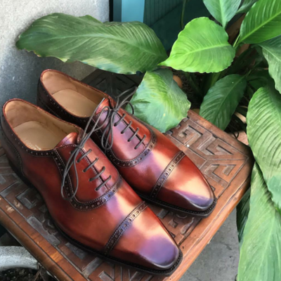 Handmade leather cognac patina oxfords for men custom made formal dress shoes