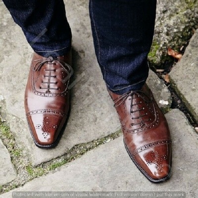  Men Handmade Leather Lace Up Oxford Dress Brown Shoes Wing Toe
