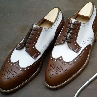 Handmade oxford formal shoes brown white cont wingtip brogue genuine leather
