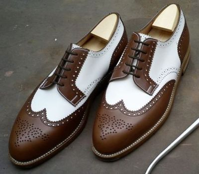 Handmade Oxford Formal Shoes Brown White Cont Wingtip Brogue Genuine Leather