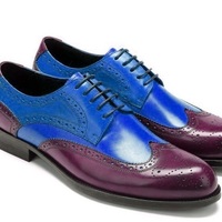 Magnificent maroon Blue Cont Wingtip Brogue Real Leather Handmade Oxford Shoes - Thumbnail 1