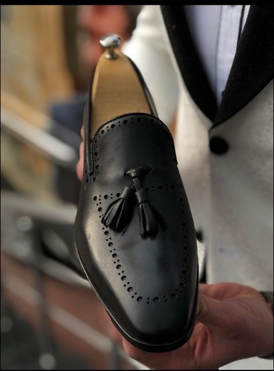 Handmade Stylish Men's Black Tassels Loafer Wedding Shoes In Genuine Leather