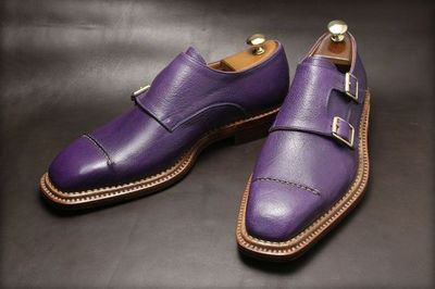 Royal Affair Violet Hand Stitch Cap Toe Dual Monk Strap Men's Formal Dress Shoes