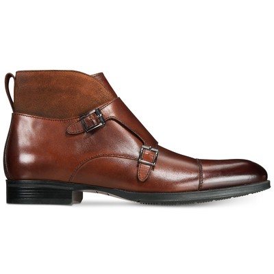 High ankle men brown monk cap toe double buckle straps real leather shoe - Thumbnail 3