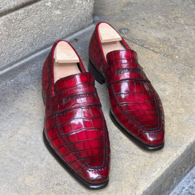 Handmade men's red moccasin crocodile texture leather dress formal shoes