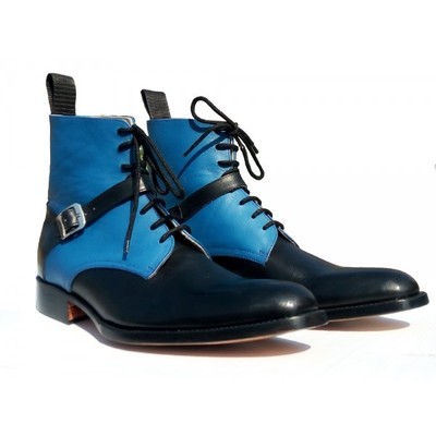 High ankle men black blue lace up rounded buckle strap real leather boot  - Thumbnail 4