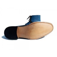 High Ankle Men Black Blue Lace Up Rounded Buckle Strap Real Leather Boot  - Thumbnail 2