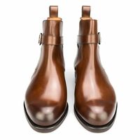 Shiny Brown Jodhpur High Ankle Rounded Buckle Strap Real Leather Boots - Thumbnail 4