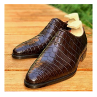 Handmade Men's Brown Round Toe Crocodile Texture Leather Lace Up Dress Shoes - Thumbnail 4