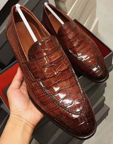 Handmade Men's Brown Cap Toe Crocodile Texture Leather Moccasin Dress Shoes