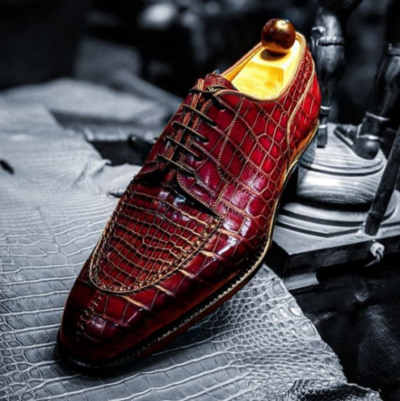 Handmade Men Maroon Lace Up Dress Crocodile Texture Leather Office Shoes