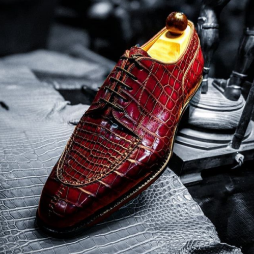 Handmade Men Maroon Lace Up Dress Crocodile Texture Leather Office Shoes