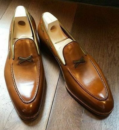 Men's Two Tone Tan Brown Loafer Slips On Formal Dress Handmade Leather Shoes