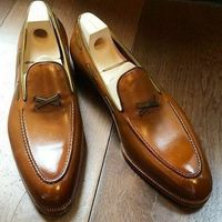 Men's Two Tone Tan Brown Loafer Slips On Formal Dress Handmade Leather Shoes - Thumbnail 1