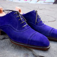 Blue Oxford Shoes Suede Leather Laceup Derby Cap Toe Tan Sole Men's Handmade - Thumbnail 1