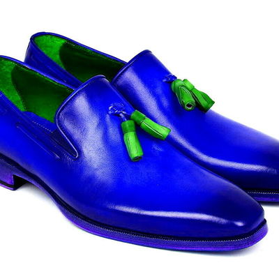 Men blue burnished derby toe loafer slip on green tassels genuine leather shoes